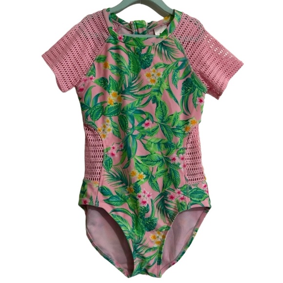 Art Class Girls L 10/12 Pink Floral Mesh Rashguard One-Piece Sun Swimsuit - Picture 1 of 4